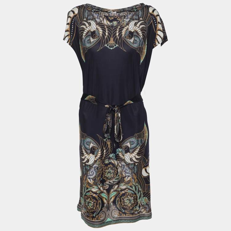Pre Owned Versace Collection Blue Printed Jersey Belted Mini Dress M