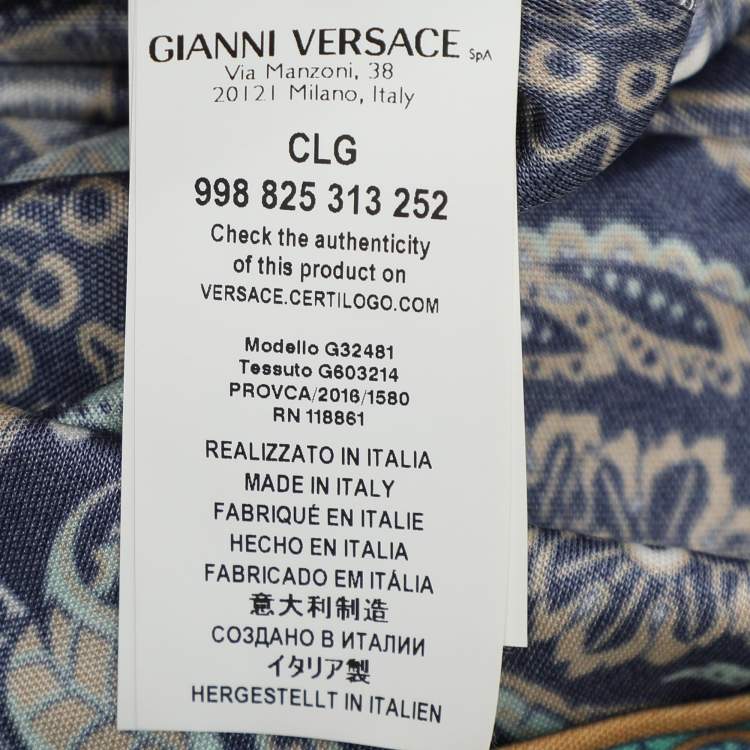 Pre Owned Versace Collection Blue Printed Jersey Belted Mini Dress M