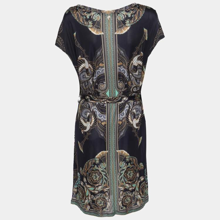 Pre Owned Versace Collection Blue Printed Jersey Belted Mini Dress M