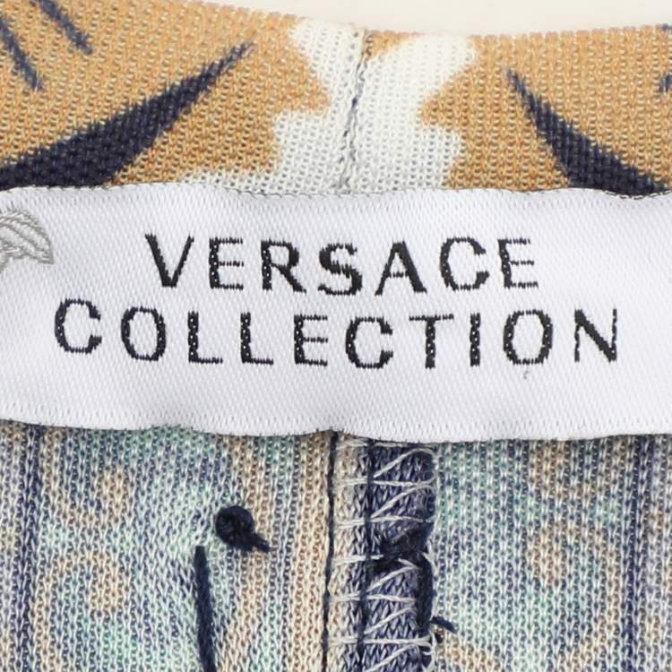 Pre Owned Versace Collection Blue Printed Jersey Belted Mini Dress M