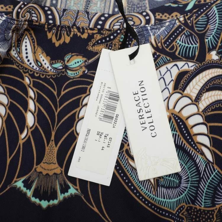 Pre Owned Versace Collection Blue Printed Jersey Belted Mini Dress M