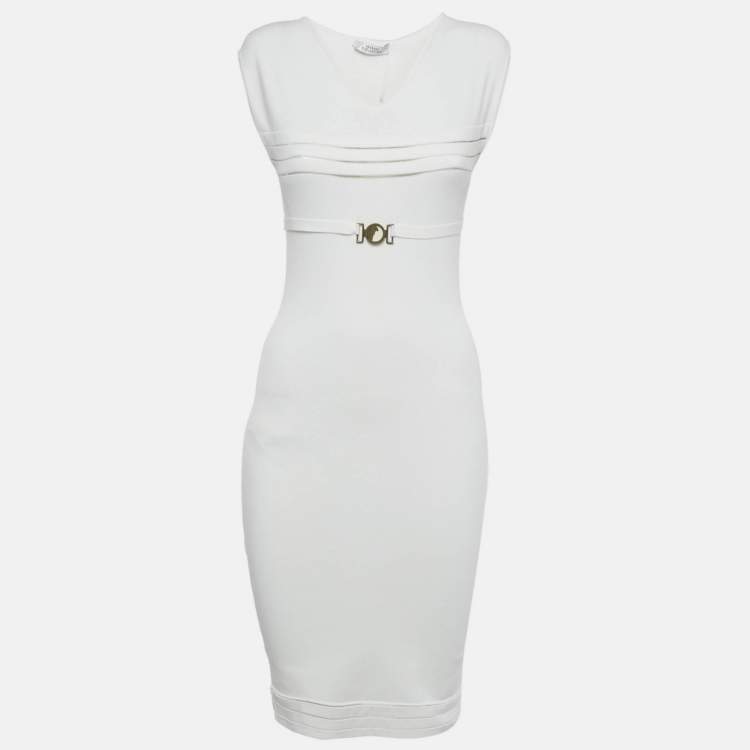 Pre Owned Versace Collection White Jersey Belt Detail Bodycon Dress S