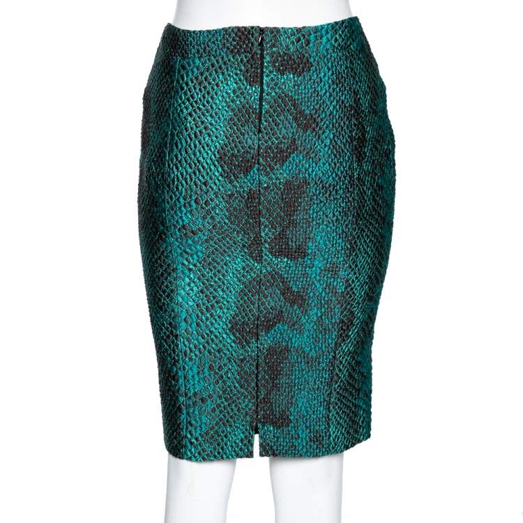 Pre Owned Versace Collection Green Snakeskin Pattern Jacquard Pencil Skirt M