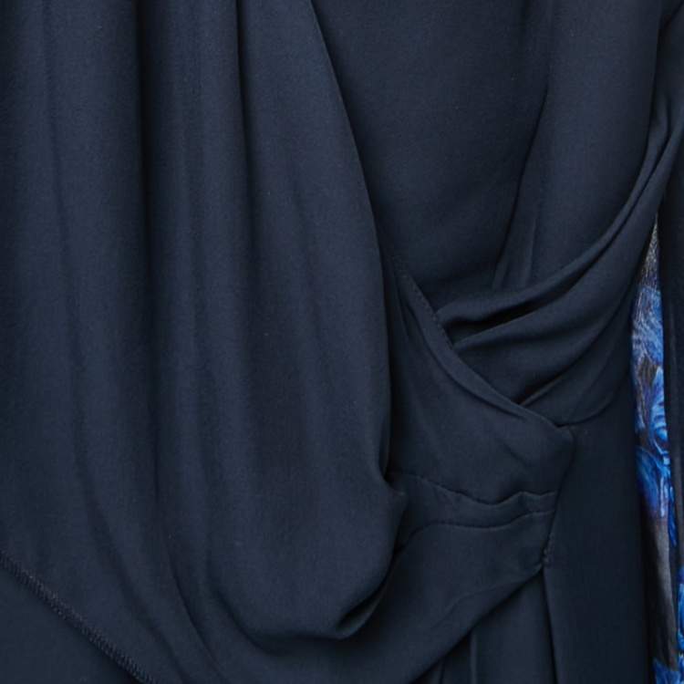 Pre Owned Versace Collection Blue Silk Chiffon Draped Floral Sleeve Gown L