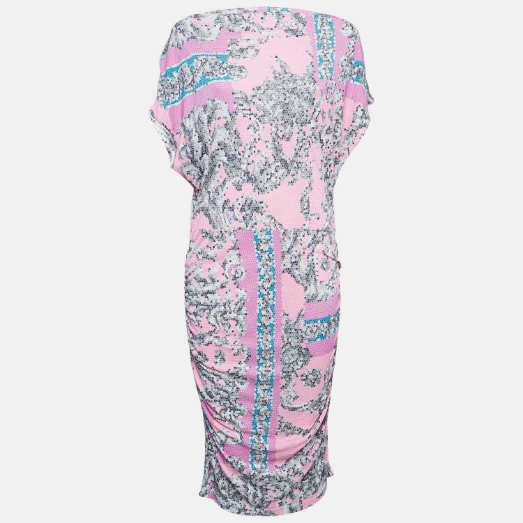 Pre Owned Versace Collection Pink Printed Jersey Ruched Midi Dress M