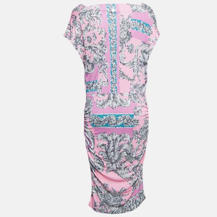 Pre Owned Versace Collection Pink Printed Jersey Ruched Midi Dress M