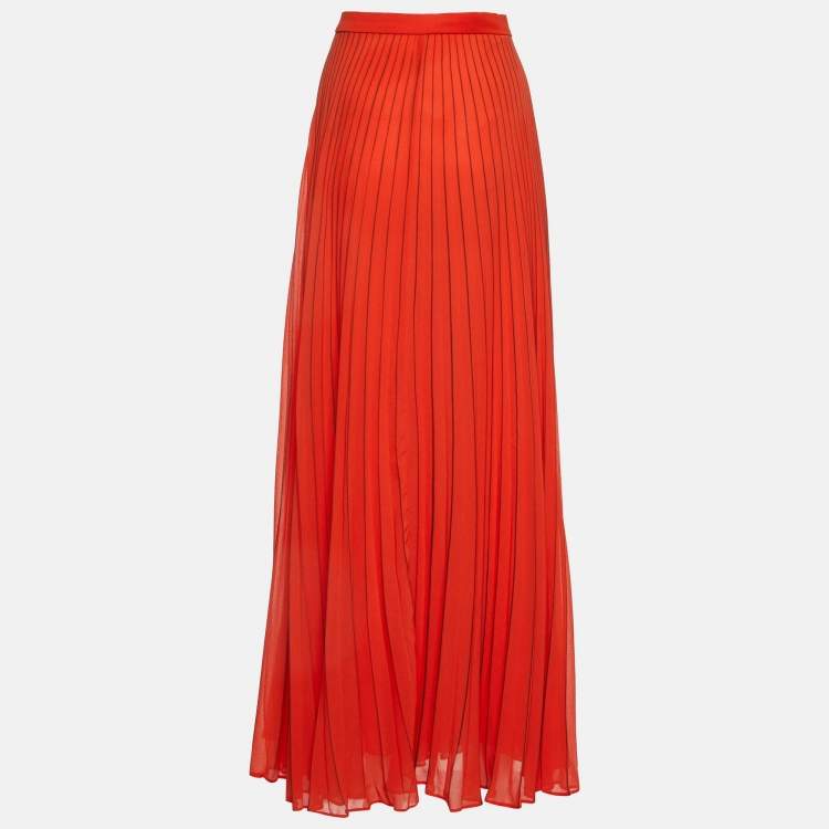 Pre Owned Versace Collection Orange Georgette Pleated Maxi Skirt M