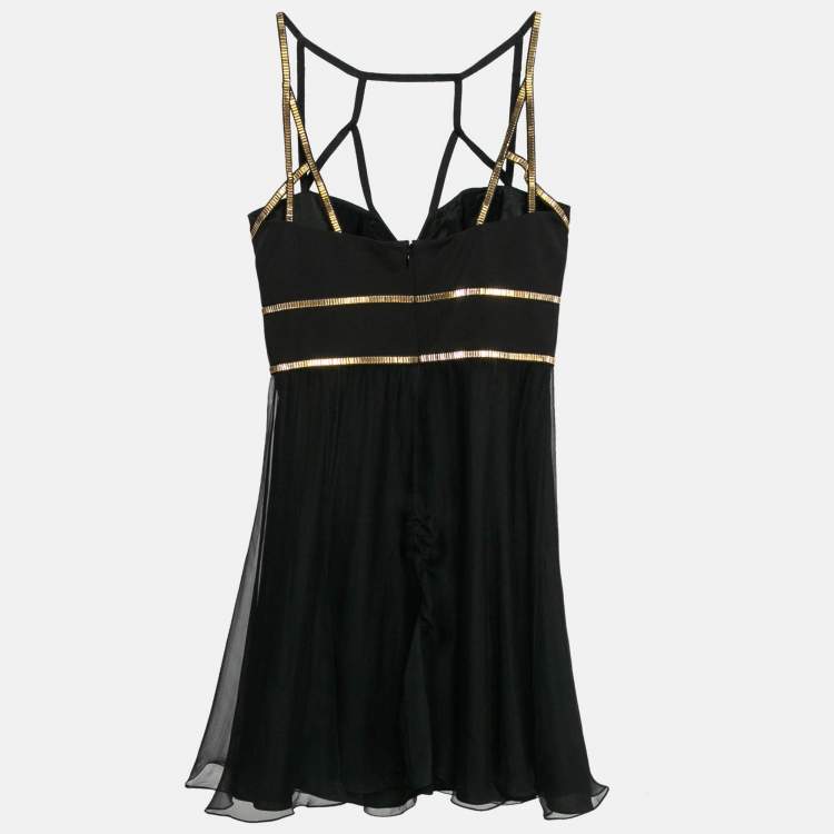 مملوكة مسبقًا Versace Collection Black Crepe Embellished Strap Detail Mini Dress M
