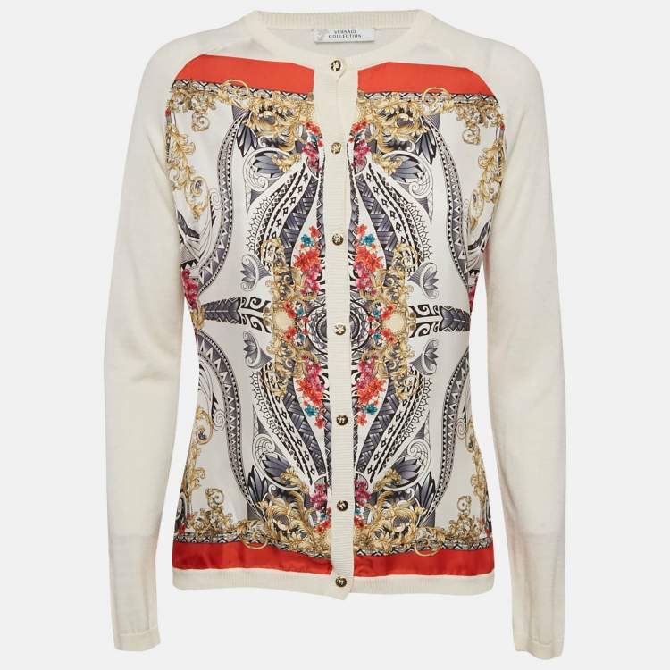 Pre Owned Versace Collection Cream Printed Silk and Knit Buttoned Cardigan M