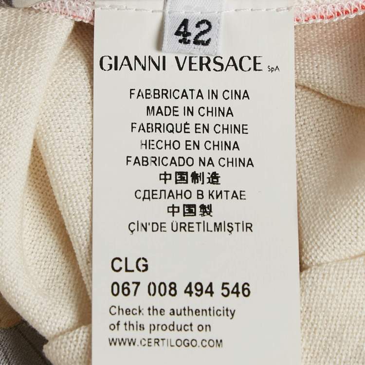 Pre Owned Versace Collection Cream Printed Silk and Knit Buttoned Cardigan M