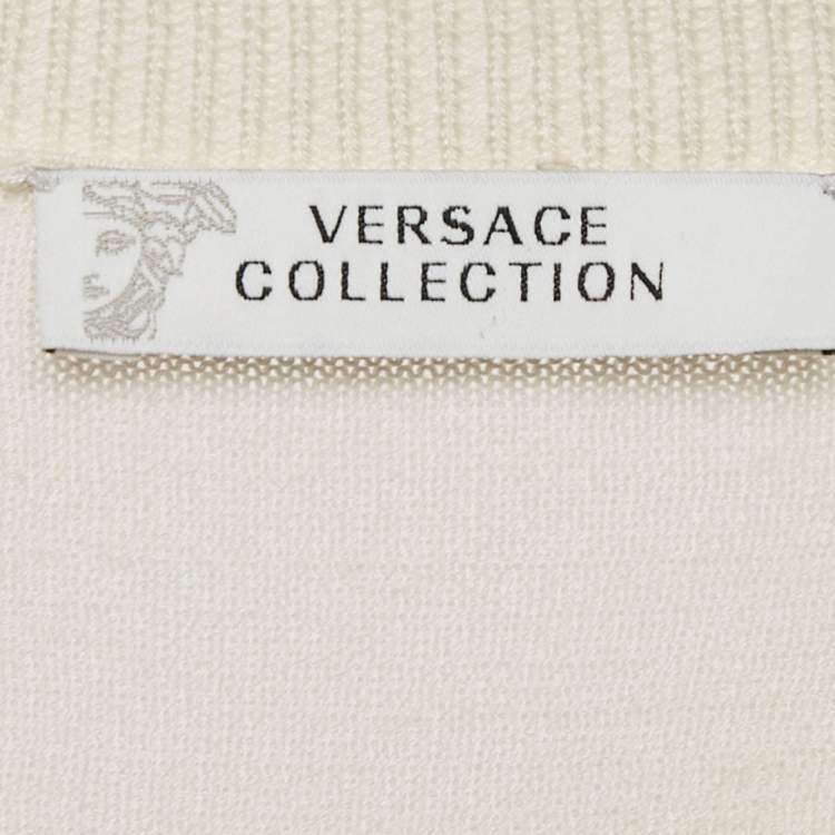Pre Owned Versace Collection Cream Printed Silk and Knit Buttoned Cardigan M