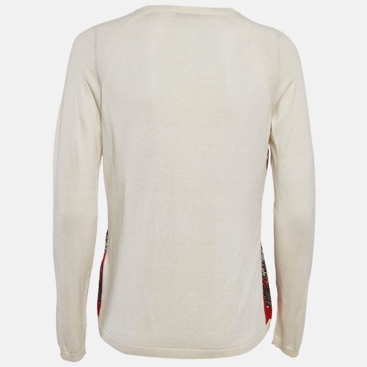 Pre Owned Versace Collection Cream Printed Silk and Knit Buttoned Cardigan M