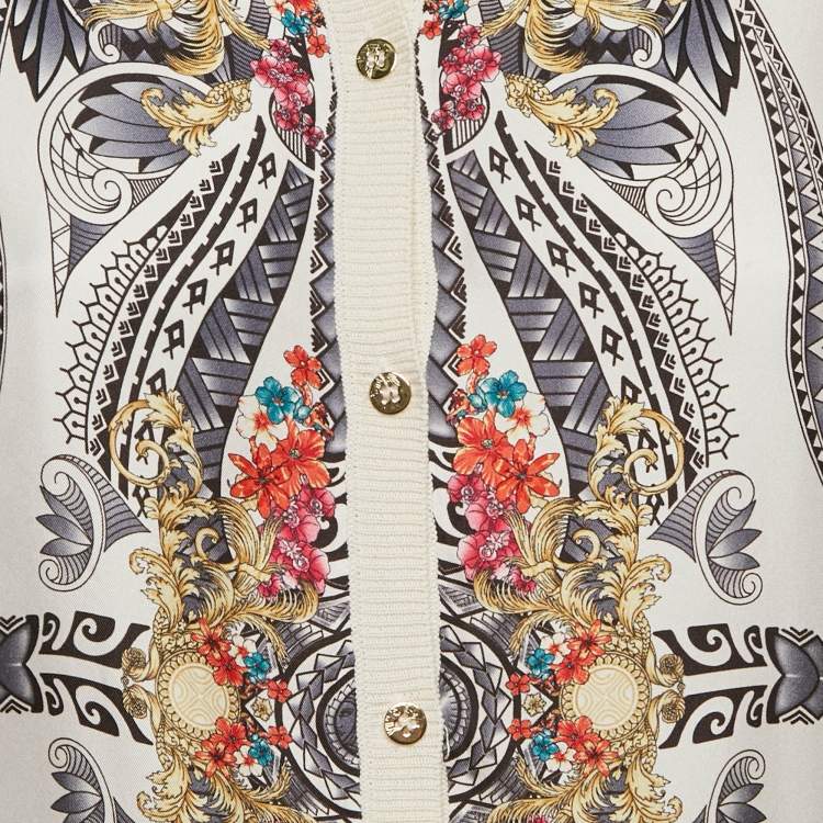 Pre Owned Versace Collection Cream Printed Silk and Knit Buttoned Cardigan M