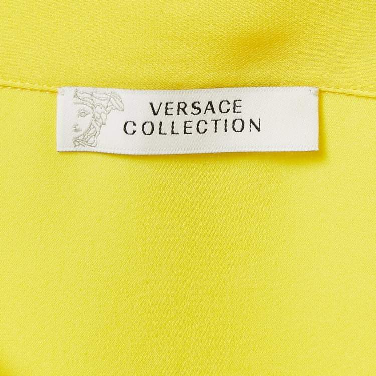 Pre Owned Versace Collection Yellow Embellished Collar Silk Short Sleeve Shirt M