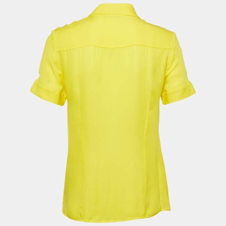 Pre Owned Versace Collection Yellow Embellished Collar Silk Short Sleeve Shirt M