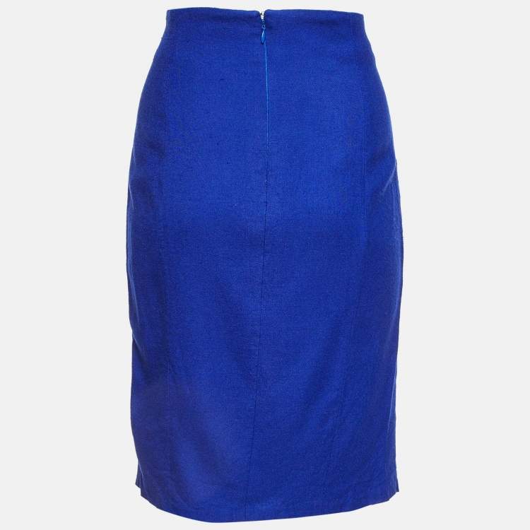 Pre Owned Versace Collection Blue Cady Button Detail Pencil Skirt L