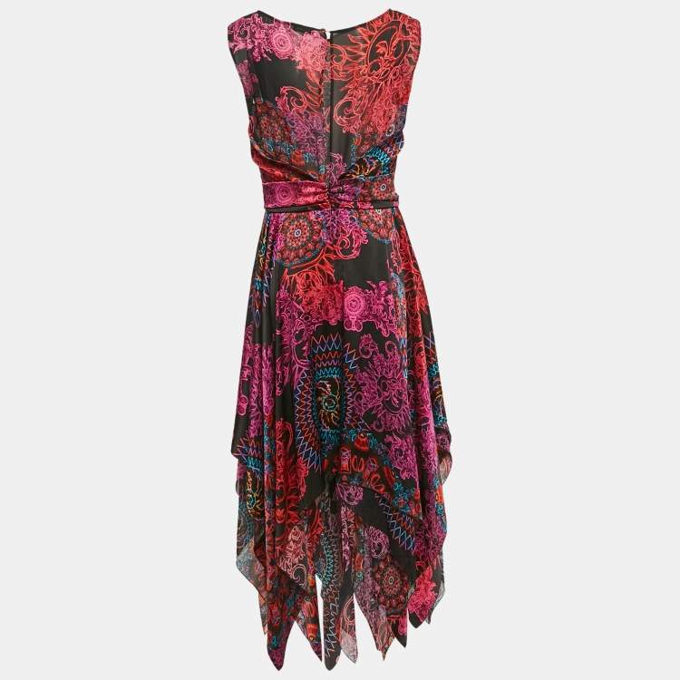 Pre Owned Versace Collection Black Printed Satin Silk Asymmetric Midi Dress L