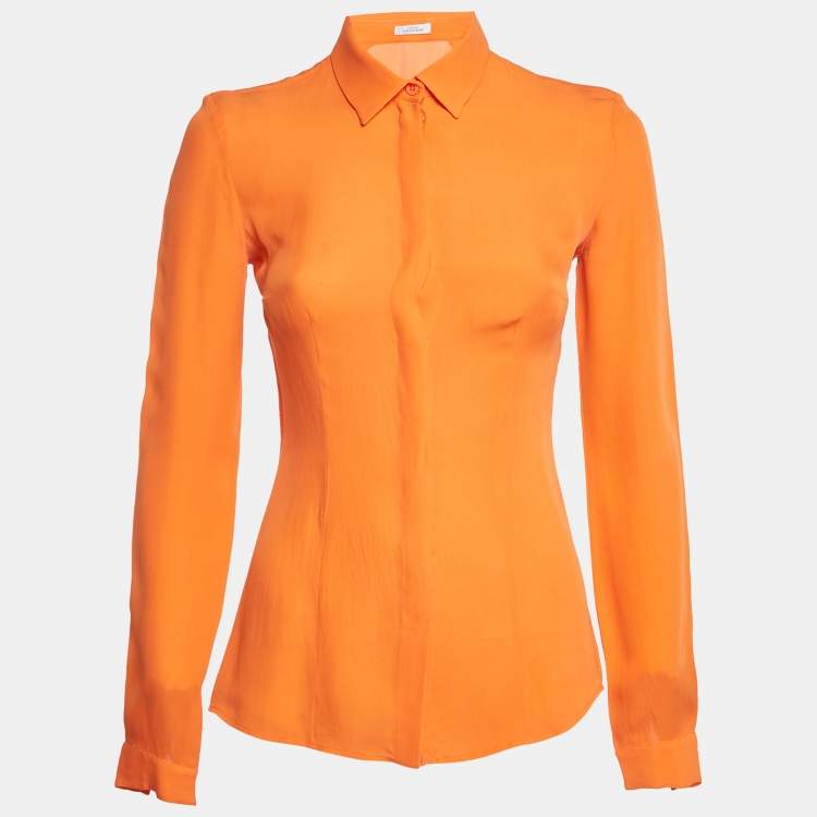 Pre Owned Versace Collection Orange Silk Long Sleeve Shirt S