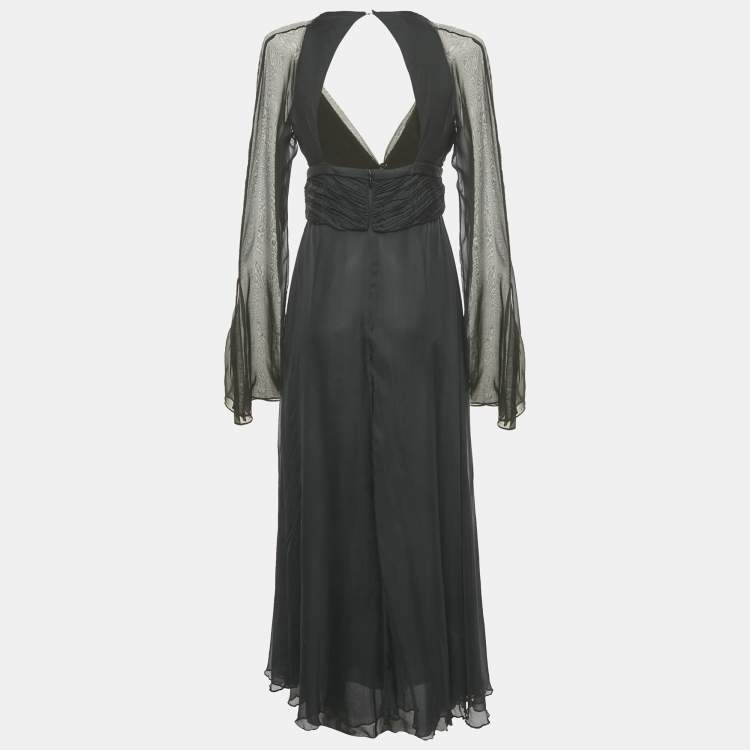 Pre Owned Versace Collection Black Silk Drape Detail V-Neck Maxi Dress M