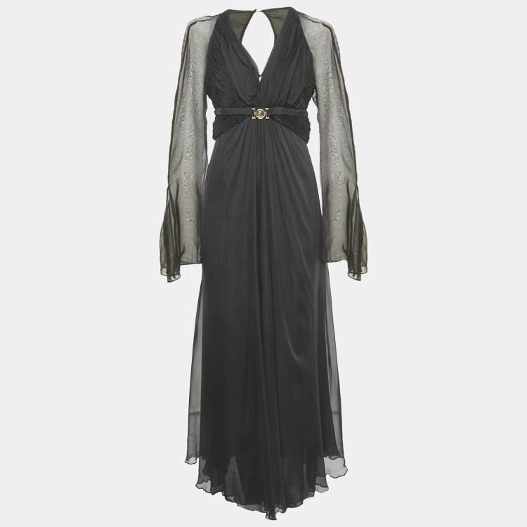 Pre Owned Versace Collection Black Silk Drape Detail V-Neck Maxi Dress M