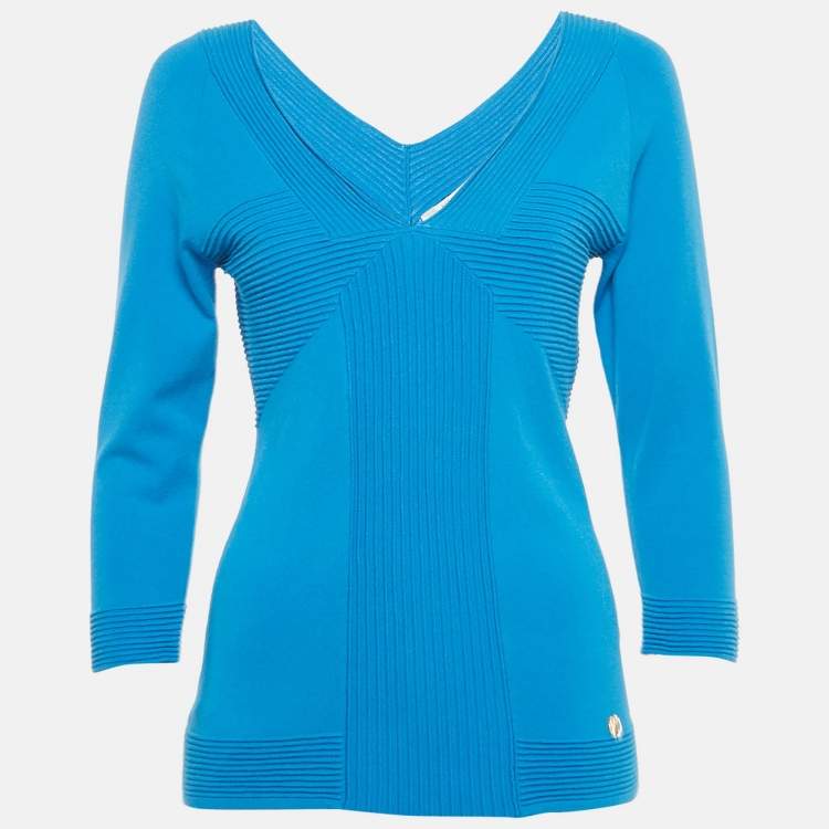 Pre Owned Versace Collection Blue Textured Stretch Knit V-Neck Pullover L