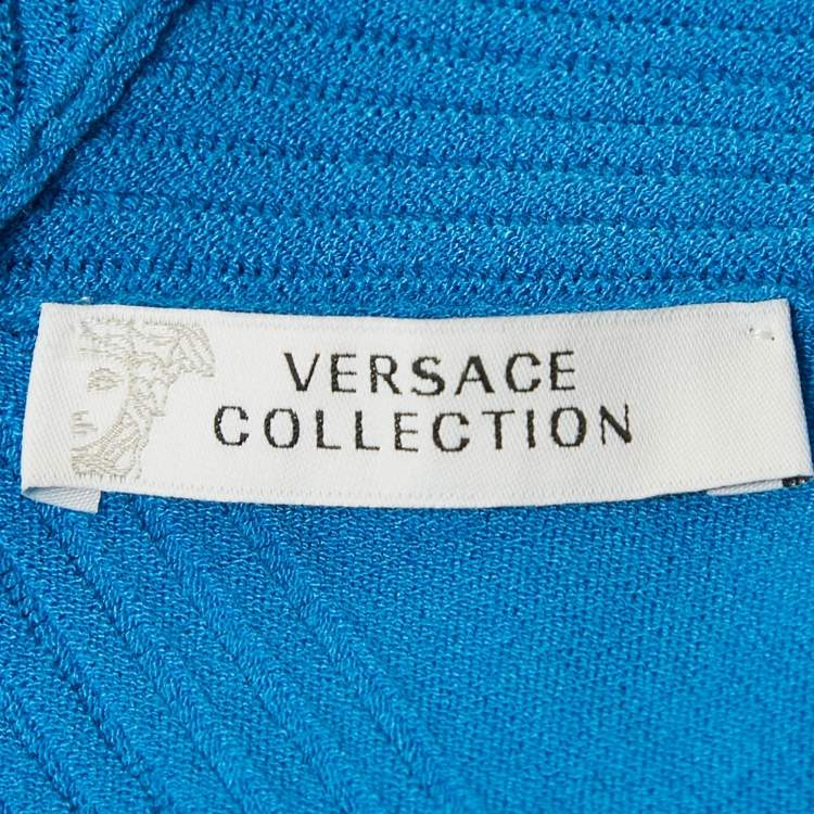 Pre Owned Versace Collection Blue Textured Stretch Knit V-Neck Pullover L
