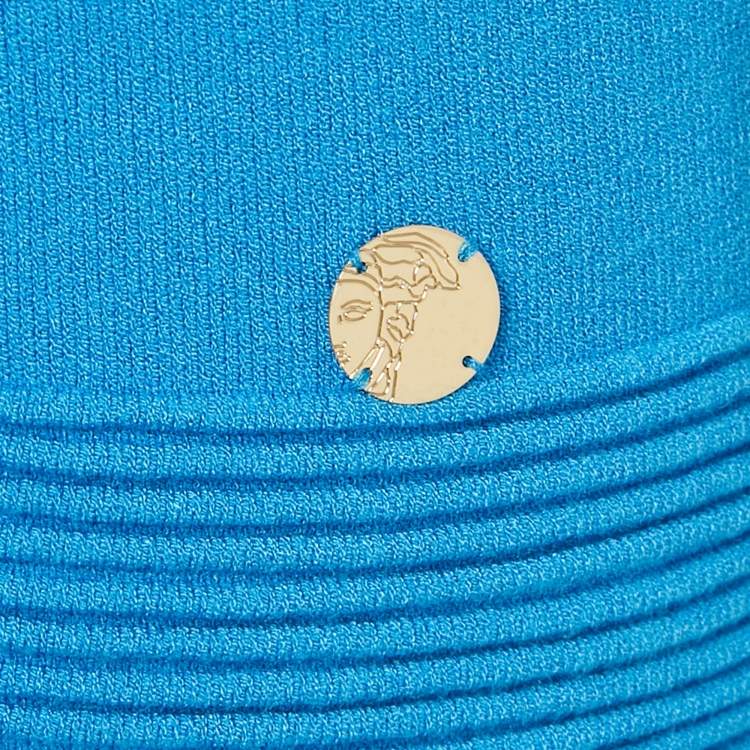 Pre Owned Versace Collection Blue Textured Stretch Knit V-Neck Pullover L