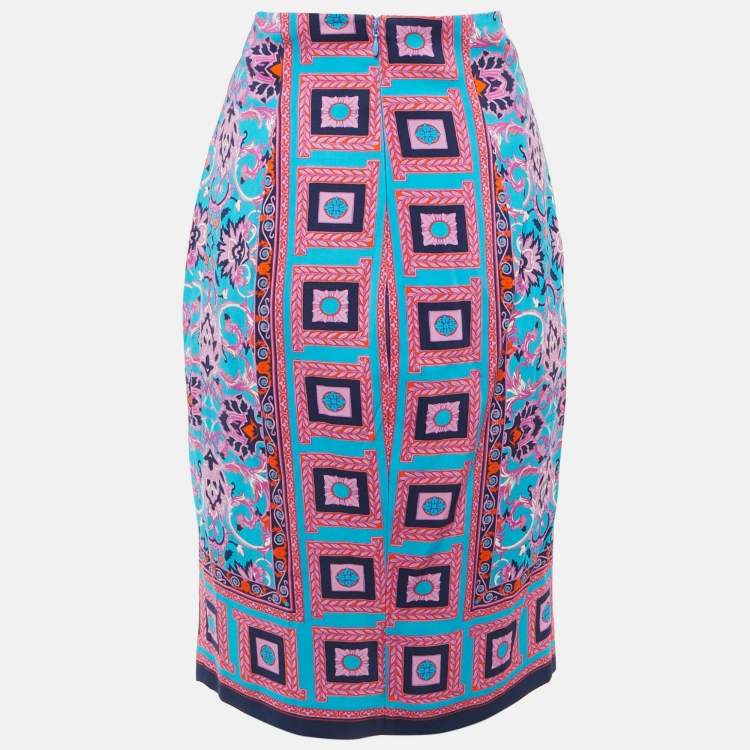Pre Owned Versace Collection Blue Printed Crepe Midi Skirt M