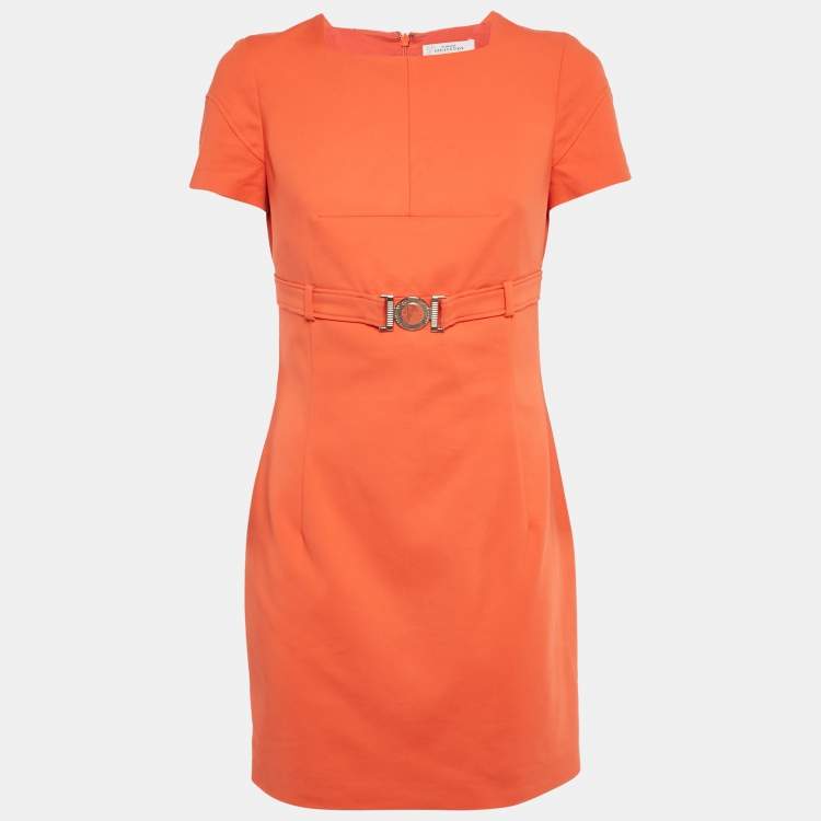 Pre Owned Versace Collection Orange Cotton Belted Mini Dress M