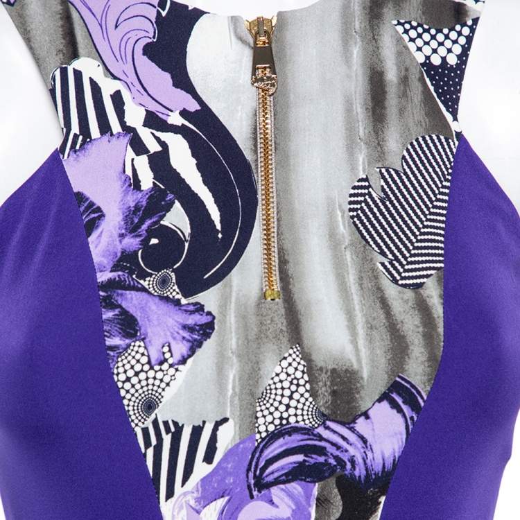 Pre Owned Versace Collection Purple Printed Zip Front Sleeveless Dress XS