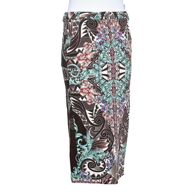 Pre Owned Versace Collection Brown Printed Knit Midi Fitted Skirt S