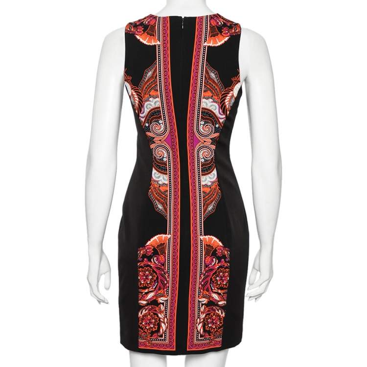 Pre Owned Versace Collection Black & Coral Baroque Print Jersey Fitted Dress S