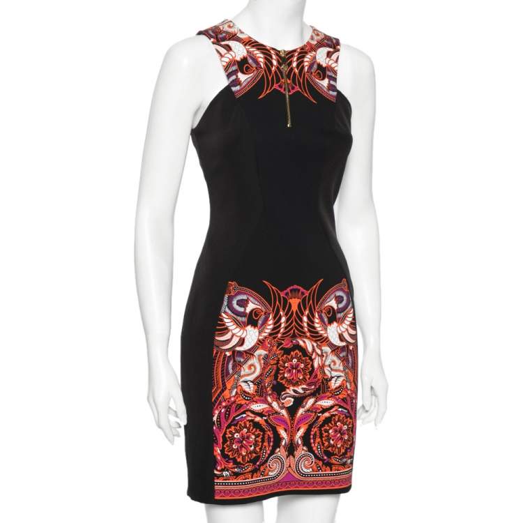 Pre Owned Versace Collection Black & Coral Baroque Print Jersey Fitted Dress S