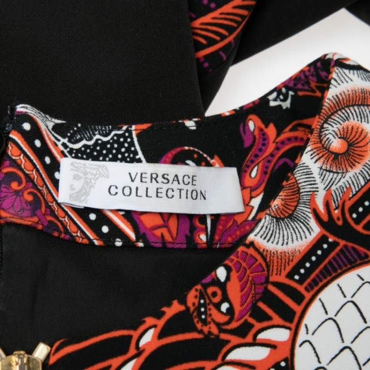 Pre Owned Versace Collection Black & Coral Baroque Print Jersey Fitted Dress S