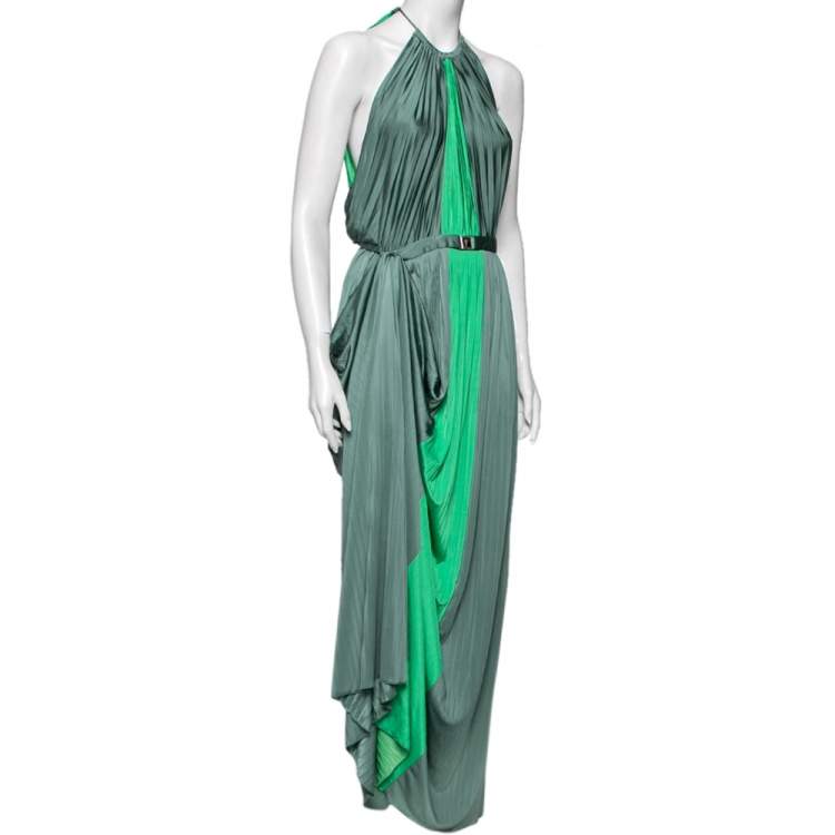Pre Owned Versace Collection Green Paneled Knit Halter Neck Belted Maxi Dress M
