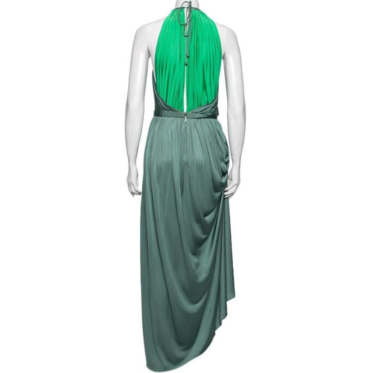 Pre Owned Versace Collection Green Paneled Knit Halter Neck Belted Maxi Dress M
