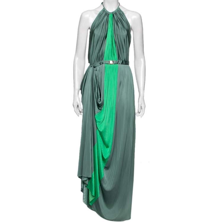 Pre Owned Versace Collection Green Paneled Knit Halter Neck Belted Maxi Dress M