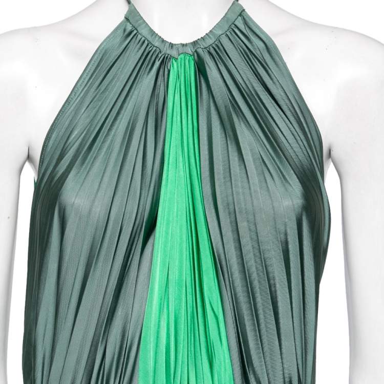 Pre Owned Versace Collection Green Paneled Knit Halter Neck Belted Maxi Dress M