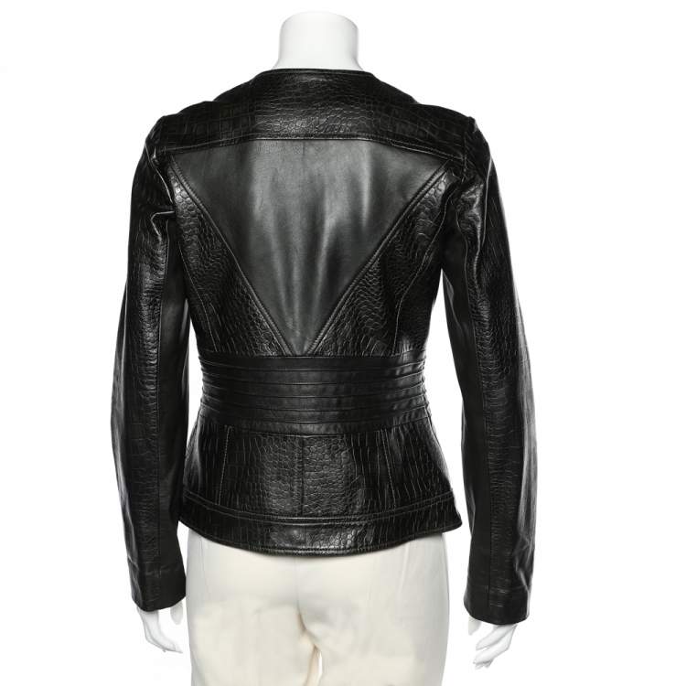 Pre Owned Versace Collection Black embossed Leather Zip Front Jacket M