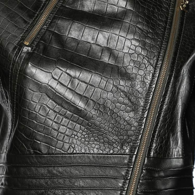 Pre Owned Versace Collection Black embossed Leather Zip Front Jacket M