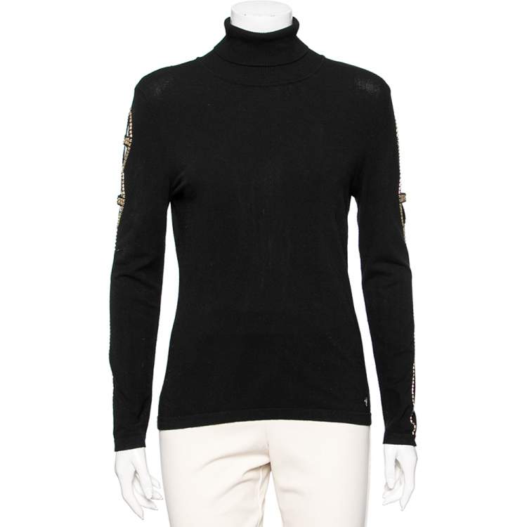 Pre Owned Versace Collection Black Knit Cut Out Detail Stud Embellished Turtle Neck Sweater L