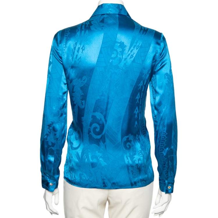 Pre Owned Versace Collection Blue Patterned Silk Button Front Shirt S
