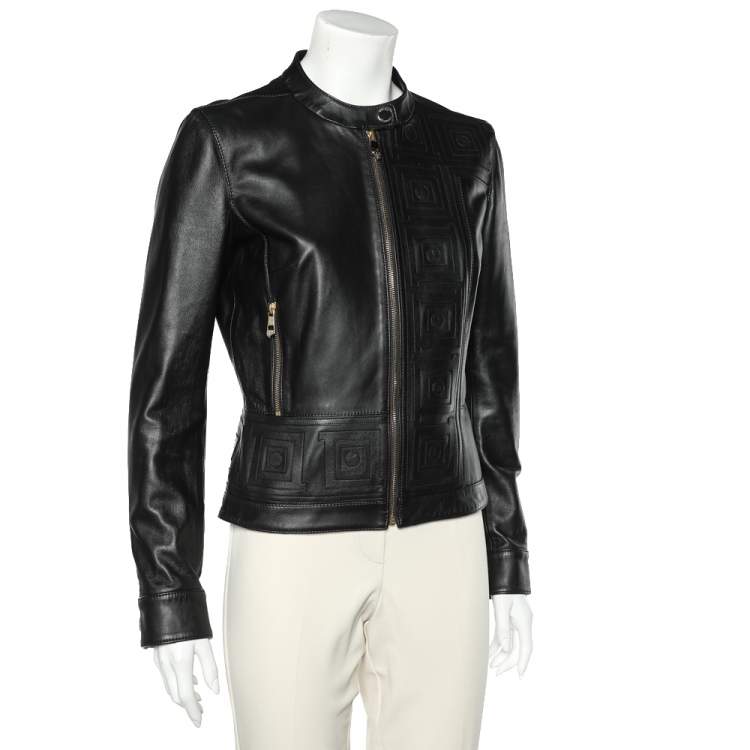 Pre Owned Versace Collection Black Patterned Leather Jacket M