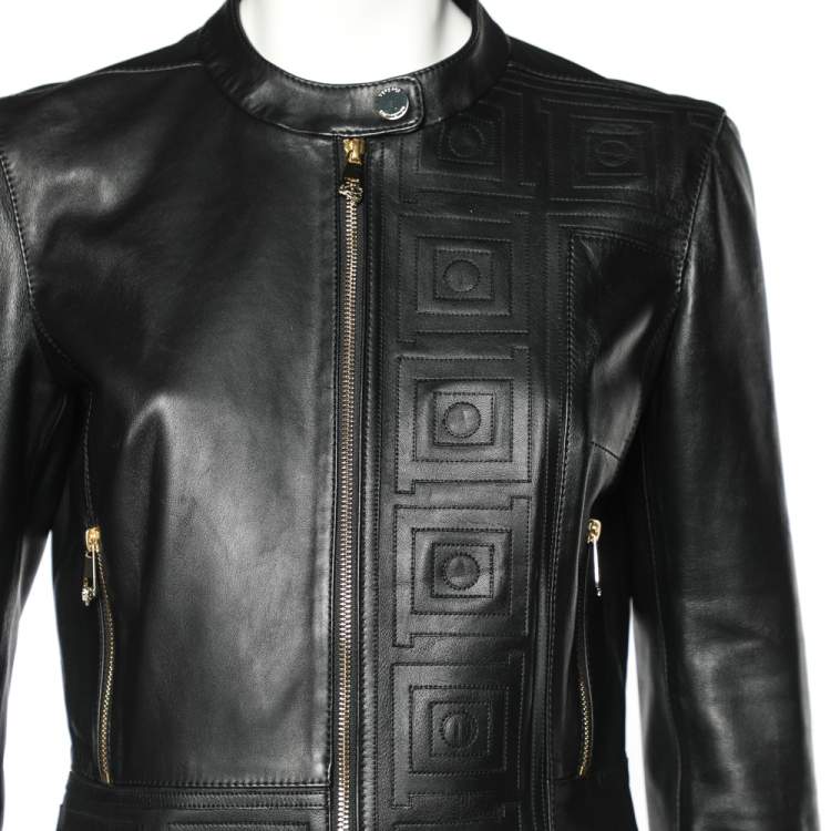 Pre Owned Versace Collection Black Patterned Leather Jacket M