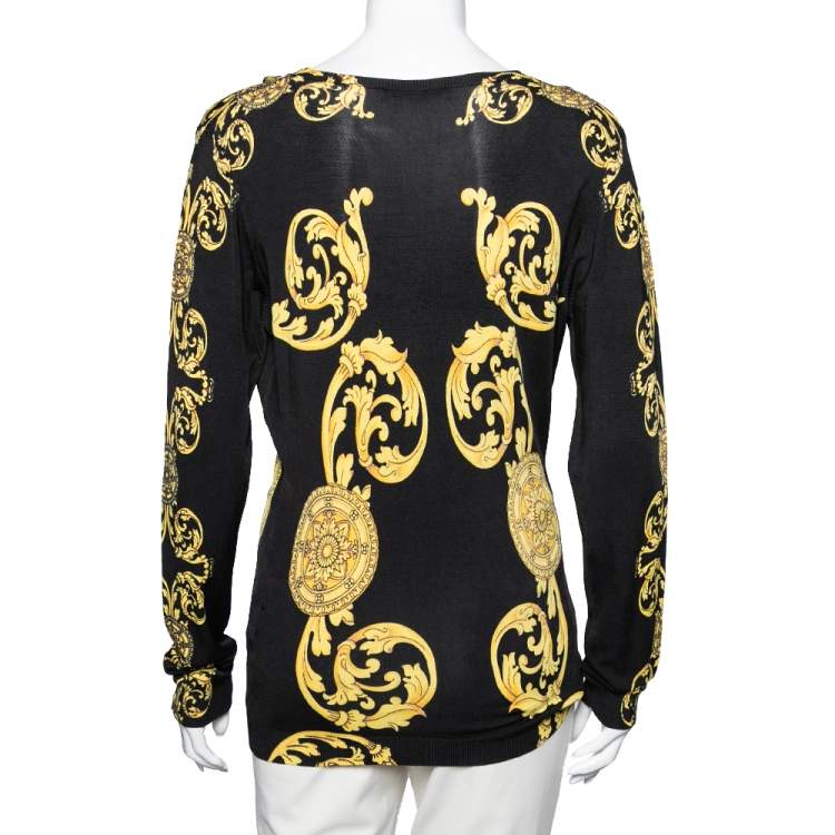 Pre Owned Versace Collection Black and Gold Cage Baroque Print Knit Long Sleeve V Neck Top L