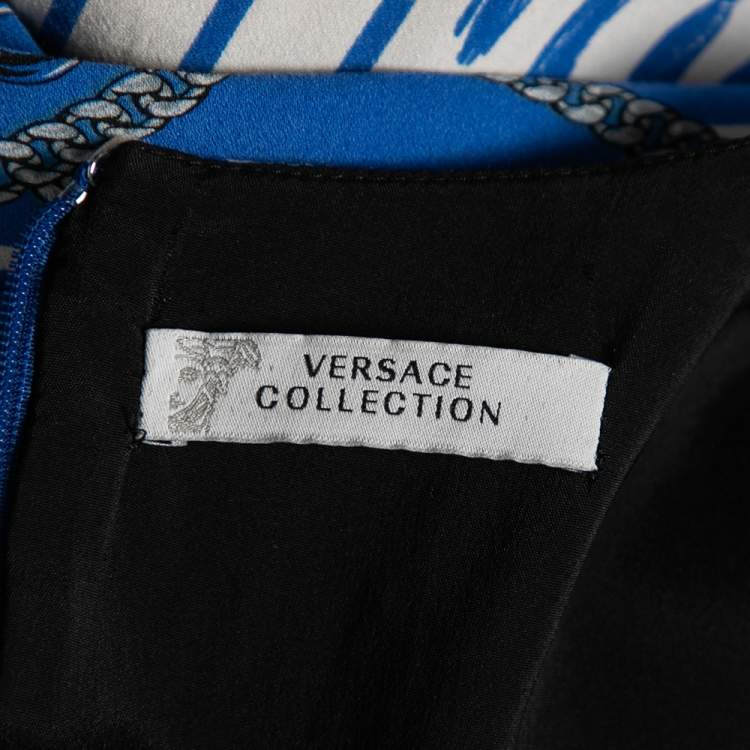 Pre Owned Versace Collection Blue Chain and Barocco Printed Jersey Sleeveless Dress M