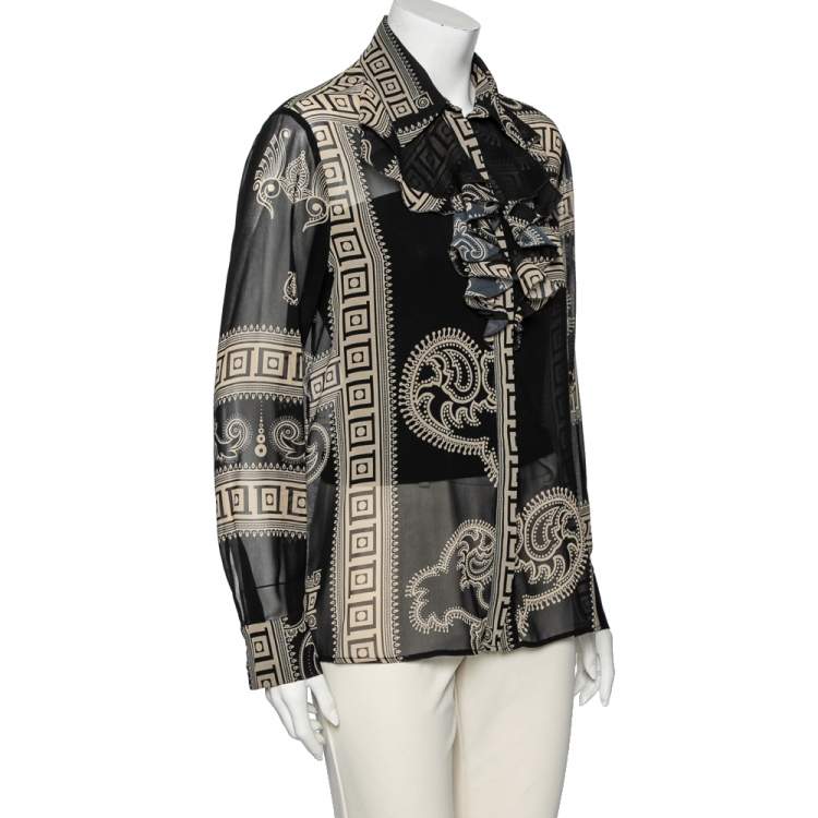 Pre Owned Versace Collection Black Printed Silk Ruffle Detailed Front Long Sleeve Blouse M