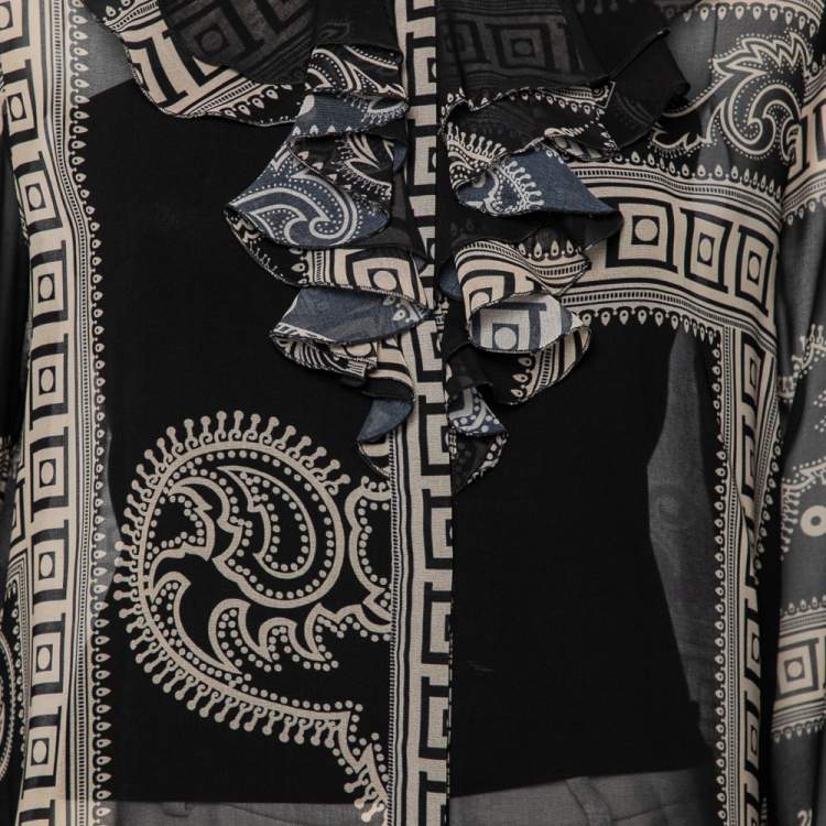 Pre Owned Versace Collection Black Printed Silk Ruffle Detailed Front Long Sleeve Blouse M