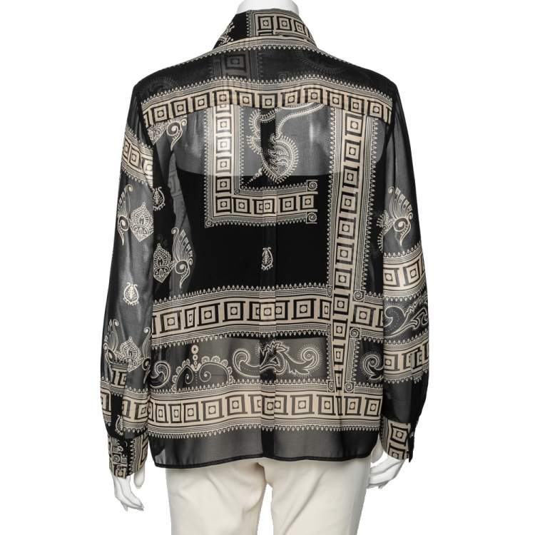 Pre Owned Versace Collection Black Printed Silk Ruffle Detailed Front Long Sleeve Blouse M