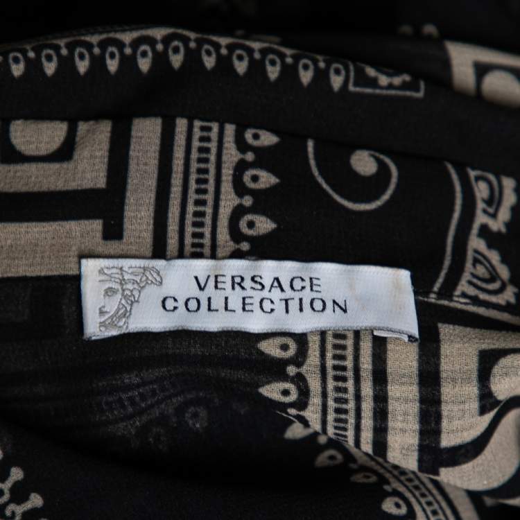 Pre Owned Versace Collection Black Printed Silk Ruffle Detailed Front Long Sleeve Blouse M